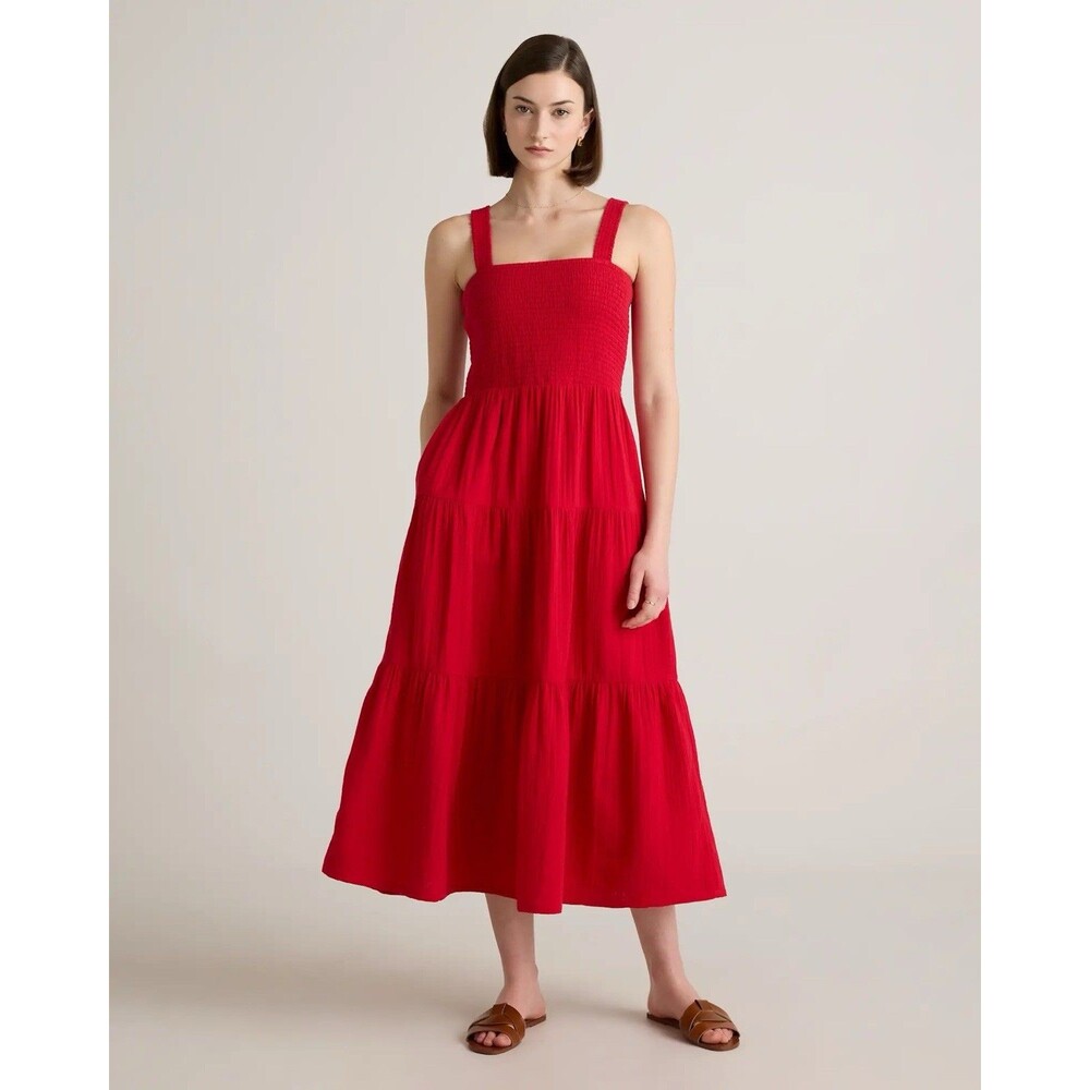Quince Red Smocked Tiered Maxi Dress Small